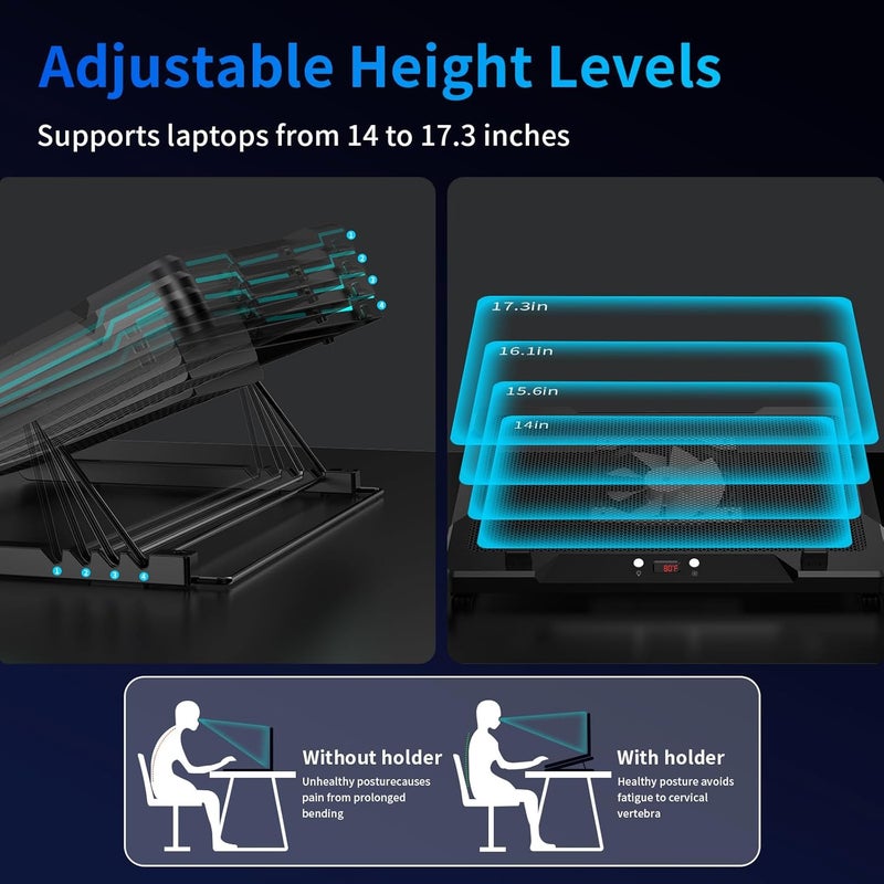 DEPGI Laptop Cooling Pad, Laptop Cooler Stand with 5.5" Movable Fan Easy to Clean, 10 RGB Light Modes, Auto Temp Sensor & 3-Speed Manual Control, Ultra Quiet ≤40dB for 14–17.3 Inch Laptops - Image 5